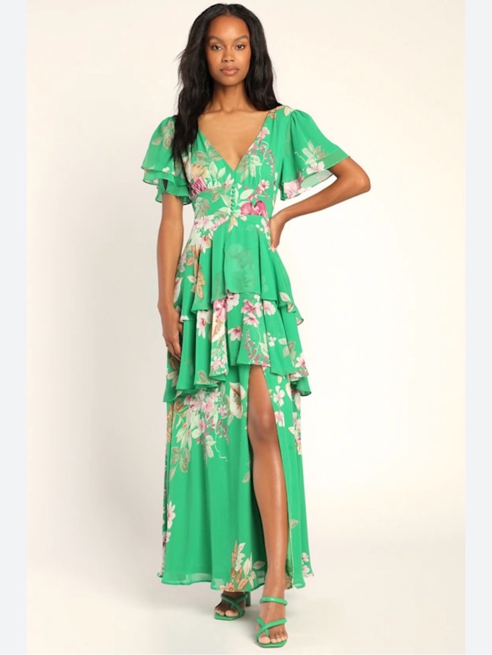 NEW Lulu's Midnight Mood Green Floral Print Tiered Maxi Dress Size Small